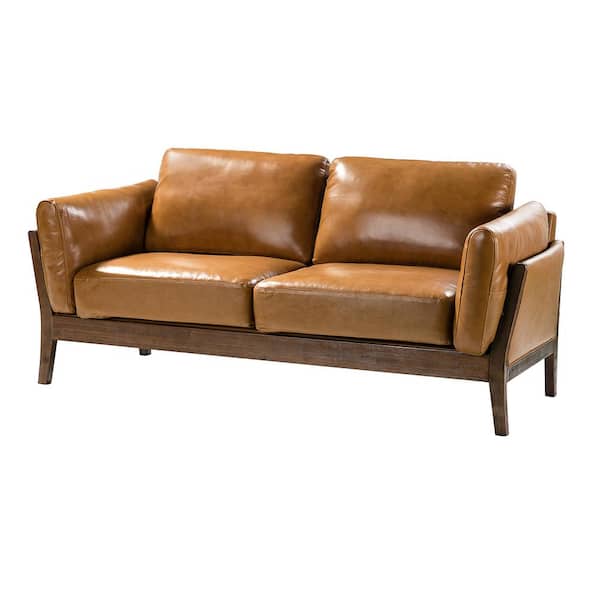 JAYDEN CREATION Zhob 74" Genuine Leather Arms Camel Sofa for Living Room with Removable Cushions
