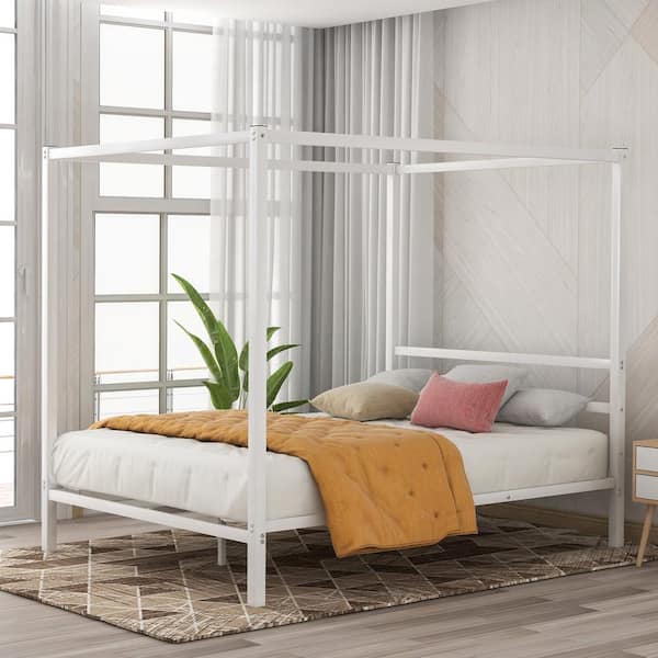 Boyel Living White Metal Framed Queen, Queen Bed Frame With Headboard No Box Spring Required