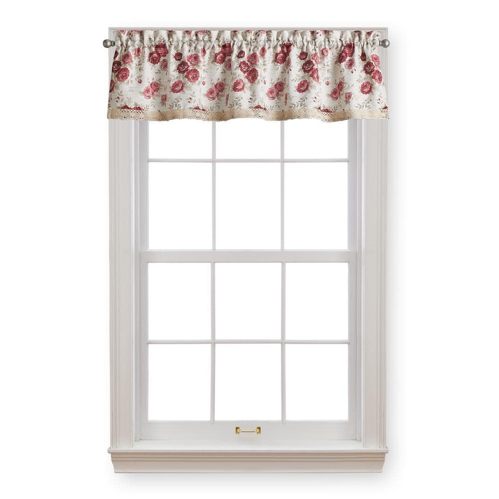 Antique Rose Red Floral Polyester Rod Pocket Valance