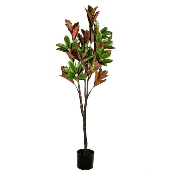 Vickerman 6 ft. Green Artificial Magnolia Tree in Black Planters Pot