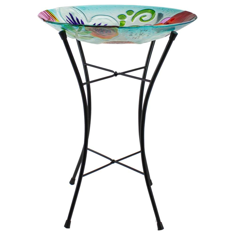 21" White and Multicolor Hand Painted Floral Glass Outdoor Birdbath with Stand