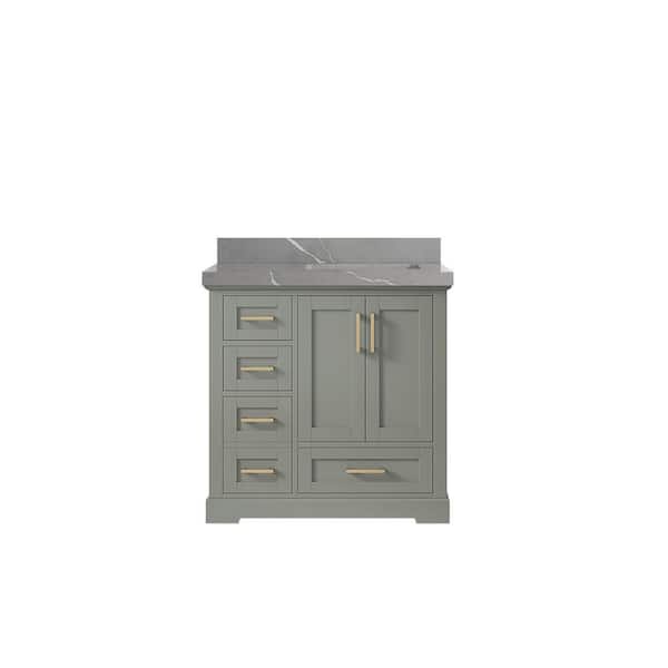 Willow Collections Boston 36 in. W x 22 in. D x 36 in. H Right Offset Sink Bath Vanity in Evergreen with 2 in. Pearl Gray Quartz Top