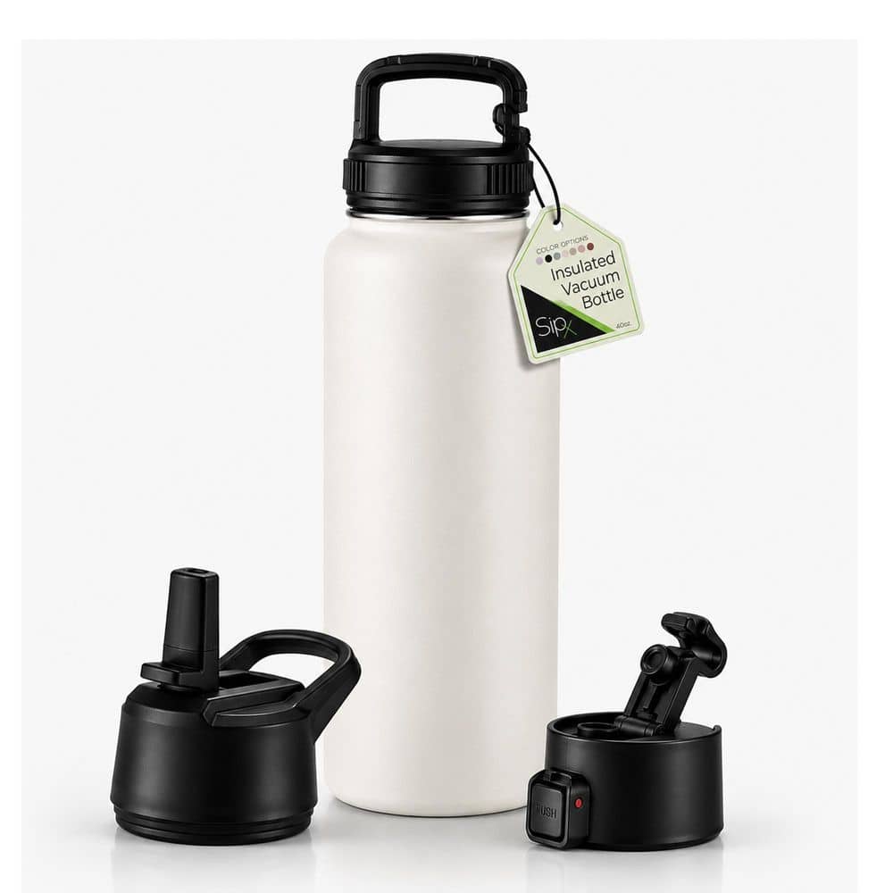 40 oz. White Stainless Steel, Insulated Water Bottle with 3 Lids