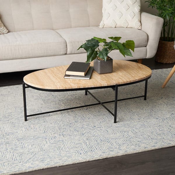 25 in. x 45 in. Beige Oval Marble Coffee Table with Black Metal Support