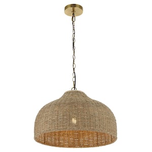 Eliza 20 in. 1-Light Coastal Bohemian Rattan/Iron Dome LED Pendant Light, Brown/Brass Gold