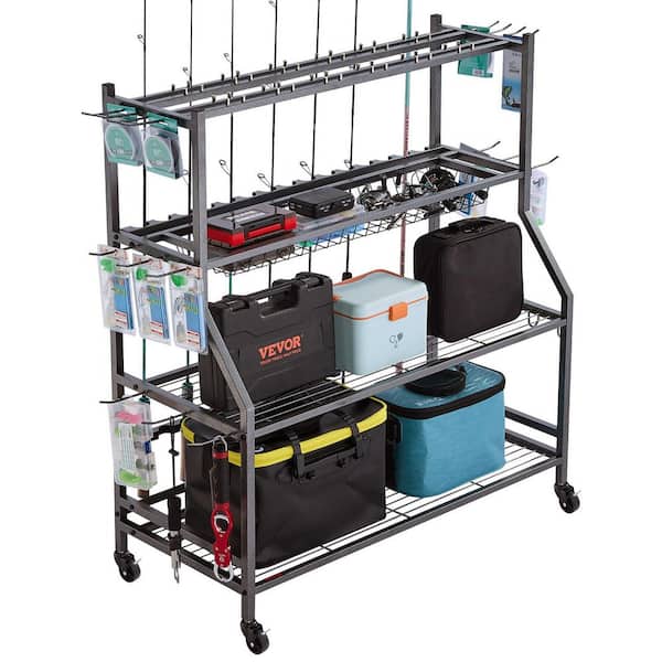 Fishing Rod Holder for 15-Rods, Mobile Fishing Pole Rack Cart with Wheels, Fish Gear Equipment Organizer for Indoor Use