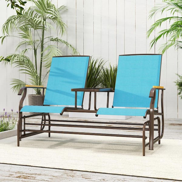 Outsunny 2-Person Outdoor Metal Glider Bench, Patio Swing Chair Loveseat with Breathable Mesh, Table, Steel Frame for Garden