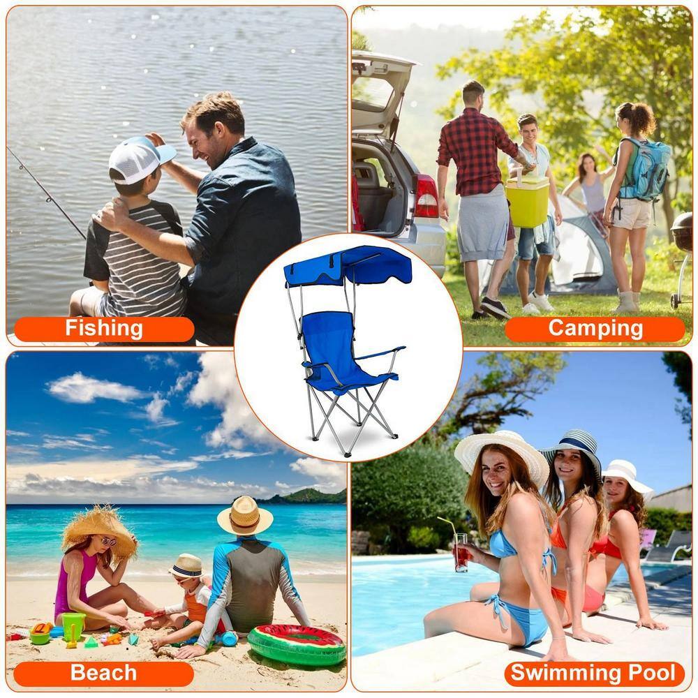 Blue Folding Steel Beach Chair with Adjustable Canopy