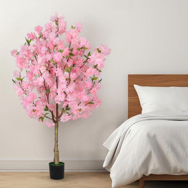 2 Pack 4 ft. Artificial Cherry Blossom Tree in Black Pot-Faux Pink