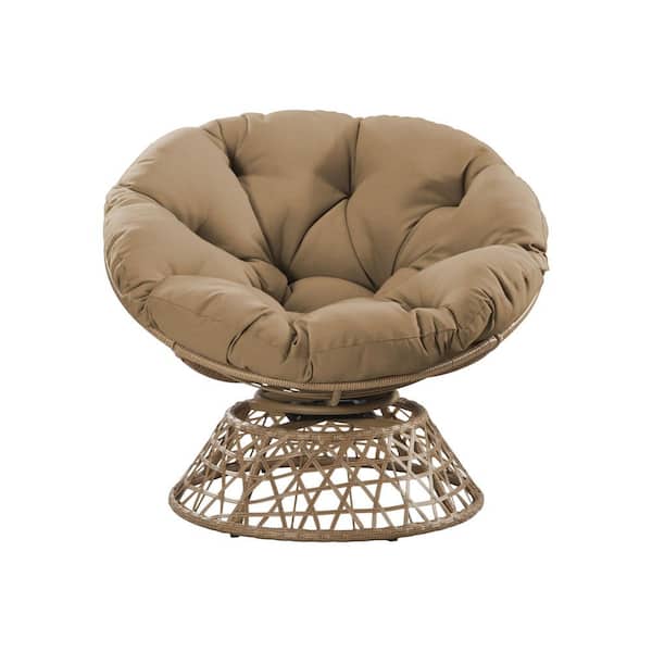 Brown Wicker Outdoor Patio Papasan Swivel Lounge Chair with Tan Cushion