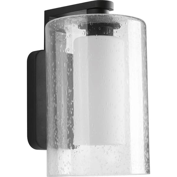 Progress Lighting Compel Collection 1-Light Textured Black Clear Seeded Glass Modern Outdoor Medium Wall Lantern Light