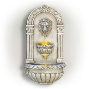 32 in. Tall Outdoor Classical Wall-Mounted Water Fountain with Lion Head and LED Lights