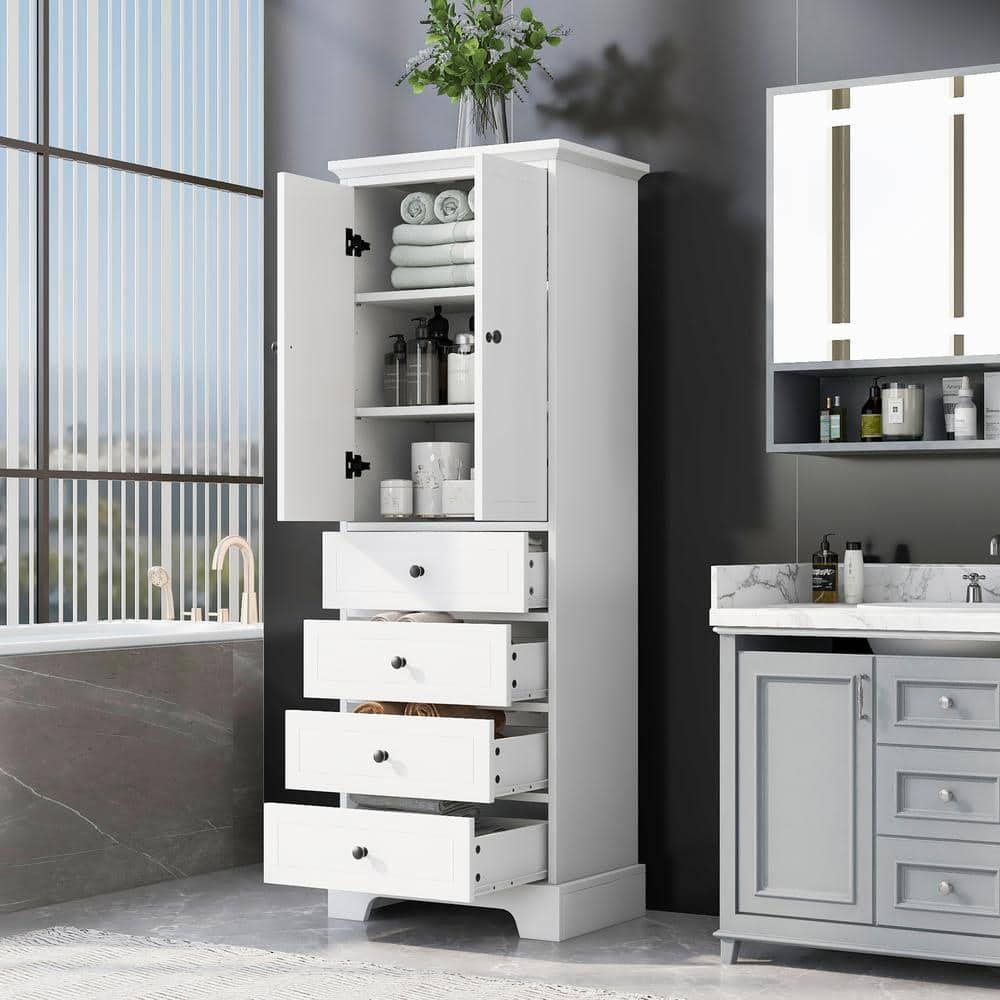 23.6 in. W x 15.7 in. D x 68.1 in. H White MDF Bathroom Linen Cabinet Stora
