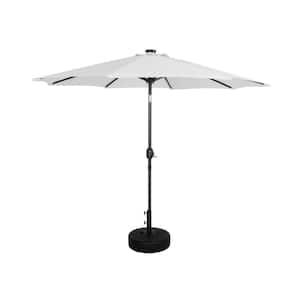 Marina 9 ft. Solar LED Market Patio Umbrella with Black Round Free Standing Base in White