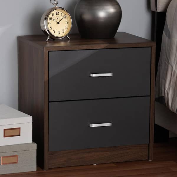 Baxton Studio Hansel 2-Drawer Walnut Brown and Dark Gray Nightstand