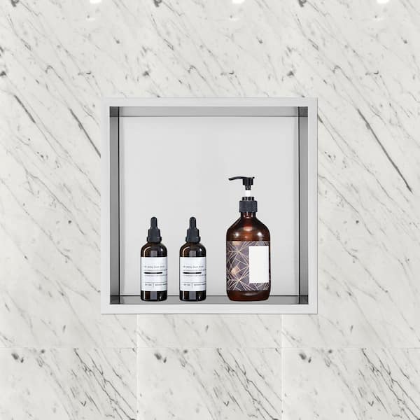 13 in. W x 13 in. H x 4 in. D 304 Stainless Steel Shower Niche in Black Wall-Inserted Niche Recessed Double Shelves