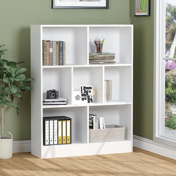 FUFU&GAGA 40.9 in. H White Wood 7-Shelf Freestanding Standard Bookcase Display Bookshelf With Cubes