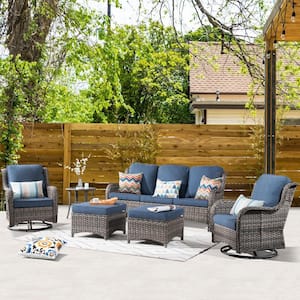 Moonlight Gray 6-Piece Wicker Patio Conversation Seating Sofa Set with Denim Blue Cushions and Swivel Rocking Chairs