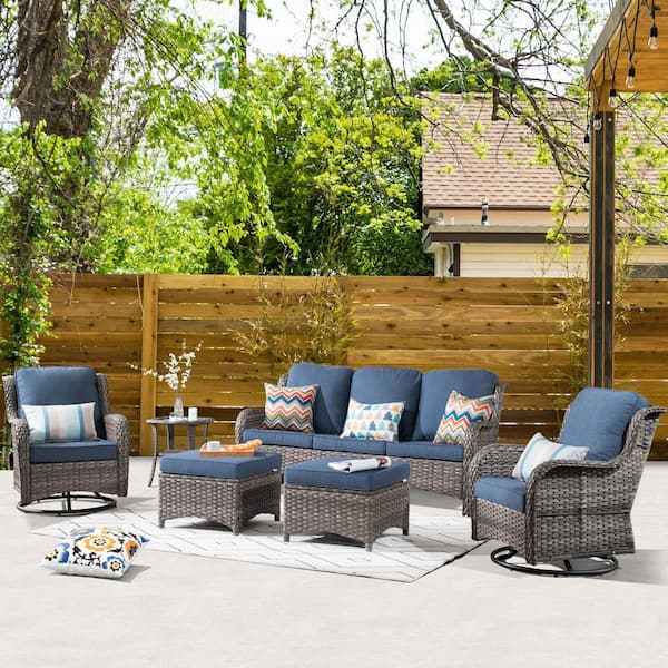 XIZZI Moonlight Gray 6-Piece Wicker Patio Conversation Seating Sofa Set with Denim Blue Cushions and Swivel Rocking Chairs