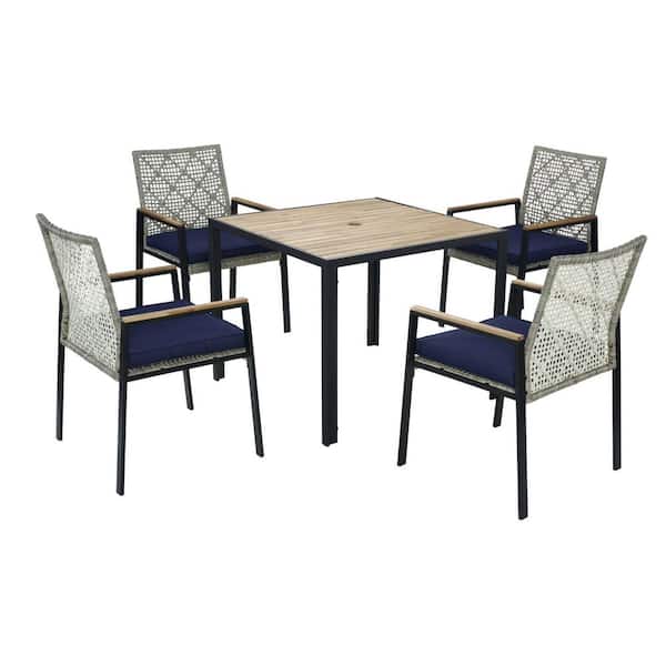 All-Weather 5-Piece Light Gray Wicker and Acacia Wood Rectangle Outdoor Dining Set with Umbrella Hole