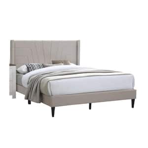 Kopa Brown Wood Frame Queen Size Platform Bed with Tufted Headboard and Burlap Upholstery