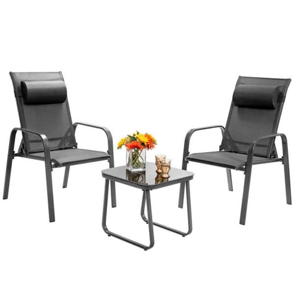 3-Piece Gray Metal Stackable Bistro Patio Conversation Set with Adjustable Backrest and Tempered Glass Table