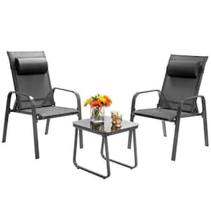 3-Piece Gray Metal Stackable Bistro Patio Conversation Set with Adjustable Backrest and Tempered Glass Table