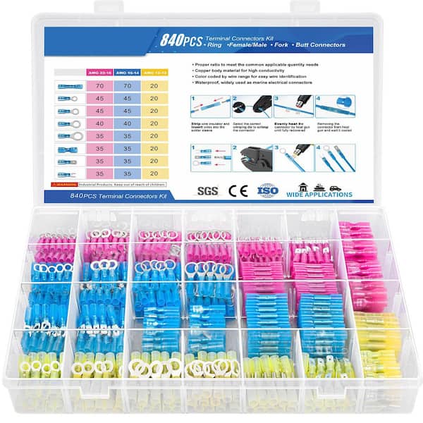 15-Amp 12-Volt Heat Shrink Grounding Plug Connector Kit with Ring Fork Spade Terminals 840-Pack