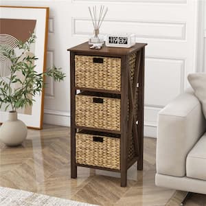 2-Pieces Walnut and Natural 31.5 in. H Storage Cabinet with 3 Seagrass Baskets Rubber Wood X-Shaped Frames 3-Drawers