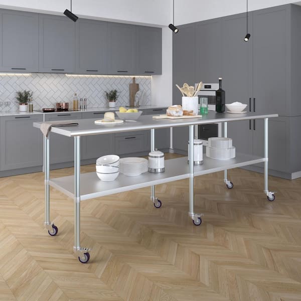30 in. x 96 in. Stainless Steel Work Table with Casters : Mobile Metal Kitchen Utility Table with Bottom Shelf