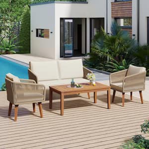 4 Piece PE Wicker Outdoor Dining Patio Conversation Set, Solid Wood Loveseat, 2 Chairs and Table with Beige Cushions