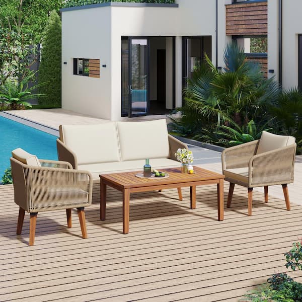 Unbranded 4 Piece PE Wicker Outdoor Dining Patio Conversation Set, Solid Wood Loveseat, 2 Chairs and Table with Beige Cushions