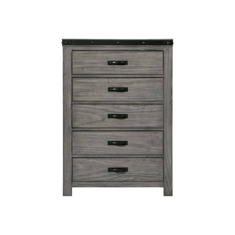 Gray Pine Transitional 5-Drawer Chest with Black Metal Trim