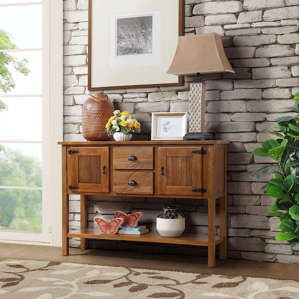 Warren 48 in. Brown Rectangle Wood Console Table with 2 Drawers and Cabinets, Bottom Shelf