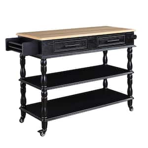 Classic Rolling Black Solid Oak Wood Tabletop 57 in. Kitchen Island with Drawers and Wheels