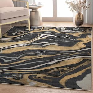 Black Gold 5 ft. 3 in. x 7 ft. 3 in. Abstract Dunes Retro Marble Flat-Weave Area Rug