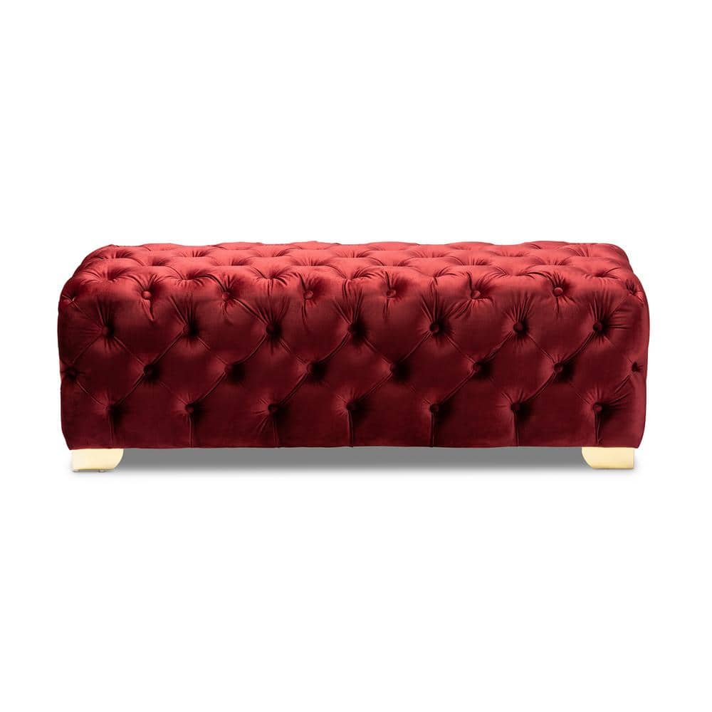 Avara Burgundy Velvet Button Tufted Bench Ottoman with Gold Legs