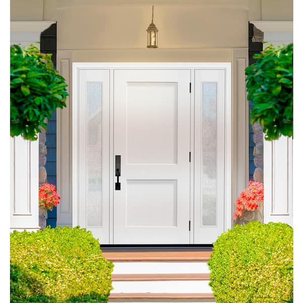 Legacy 64 in. x 80 in. 2P Squaretop Shaker LHOS Unfinished White Fiberglass Prehung Front Door wRain12in.SLs 4-9/16 Jamb