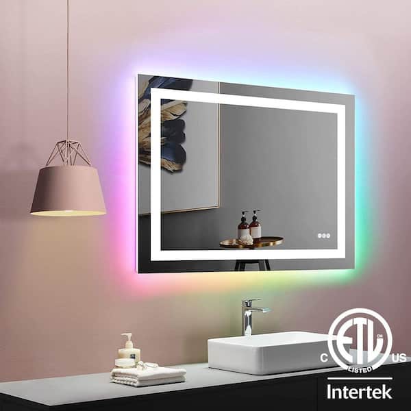 ES-DIY 40 in. W x 24 in. H Rectangular Frameless LED Anti Fog Backlit and Front Lighted Wall Bathroom Vanity Mirror in RGB