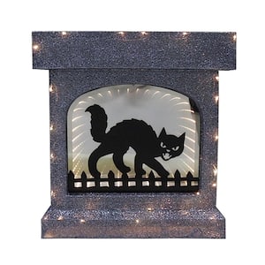 28 in. Lighted Halloween Fireplace with Cat Infinity Mirror