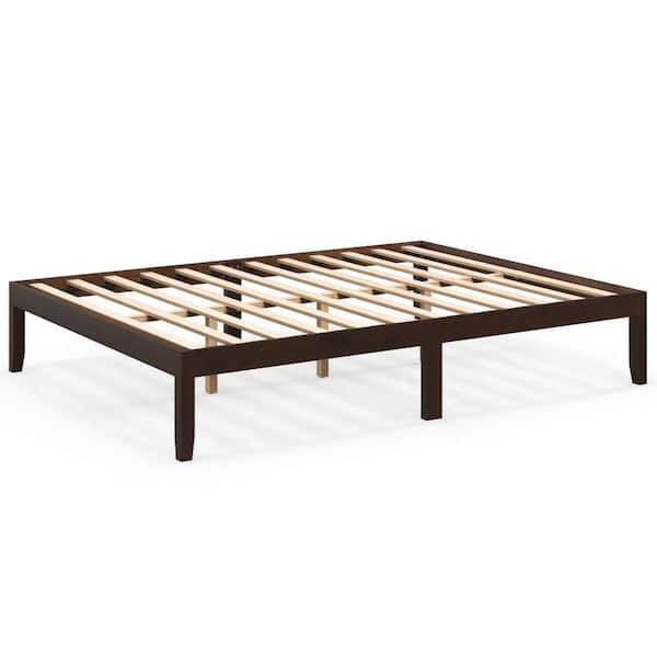 Brown Wooden Frame Queen Size Platform Bed 14 in. with Rubber Wood Legs Under-bed Storage