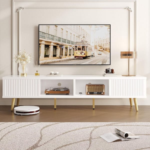 Bestier 71 in. Glossy White TV Stand Fits TV Up to 75 in. Entertainment Center with LED Light and Sliding Door Cabinet