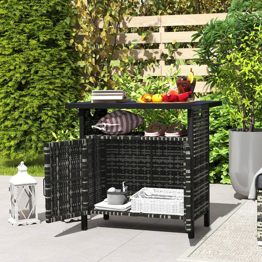 Mixed-Gray Wicker and Plastic Outdoor Pool Towel Storage Cabinet