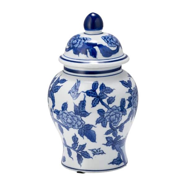 8 in. Blue and White Chinoiserie Floral Temple Jar