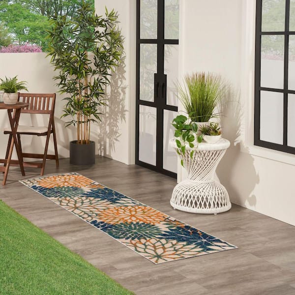 Aloha Blue Green 2 ft. x 8 ft. Floral Contemporary Runner Indoor/Outdoor Area Rug