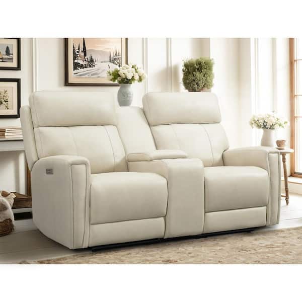 Ellesophas Eve 72in. Genuine Leather Dual Power Reclining Console Loveseat, Zero Gravity, Power Headrest, USB/Type C Ports in Cream