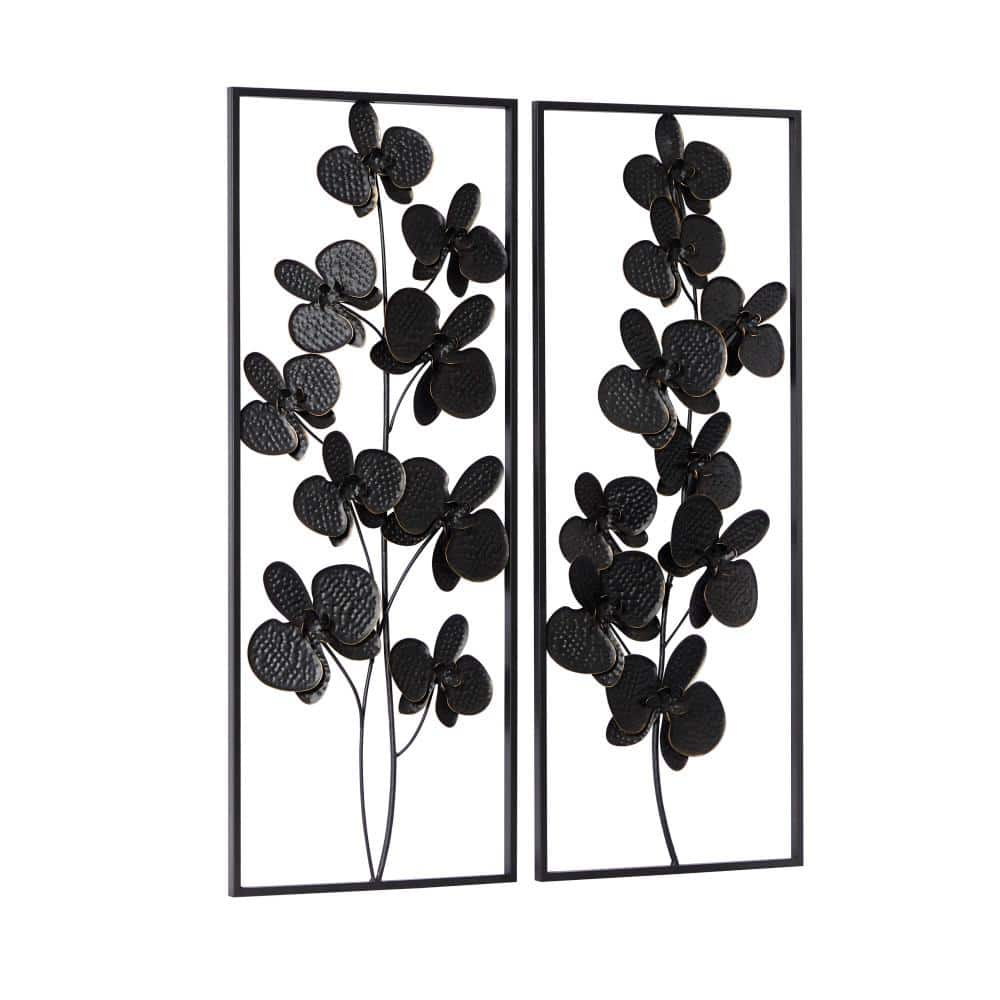 Elegant Black Orchid Metal Wall Sculpture Set, 14"W x 36"H