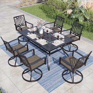 Black 7-Piece Metal Patio Outdoor Dining Set with Straight-Leg Rectangle Table and Fashion Chairs