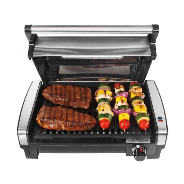 Hamilton Beach Brands I Searing Grill 118 in. Stainless Steel Indoor Grill with Non-Stick Plates and Lid Window Silver 25361