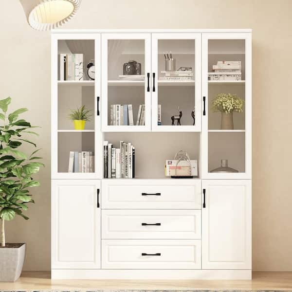 FUFU&GAGA White 63 in. W x 15.7 in. D x 78.7 in. H Wood Storage Cabinet with Adjustable Shelves, Glass Doors